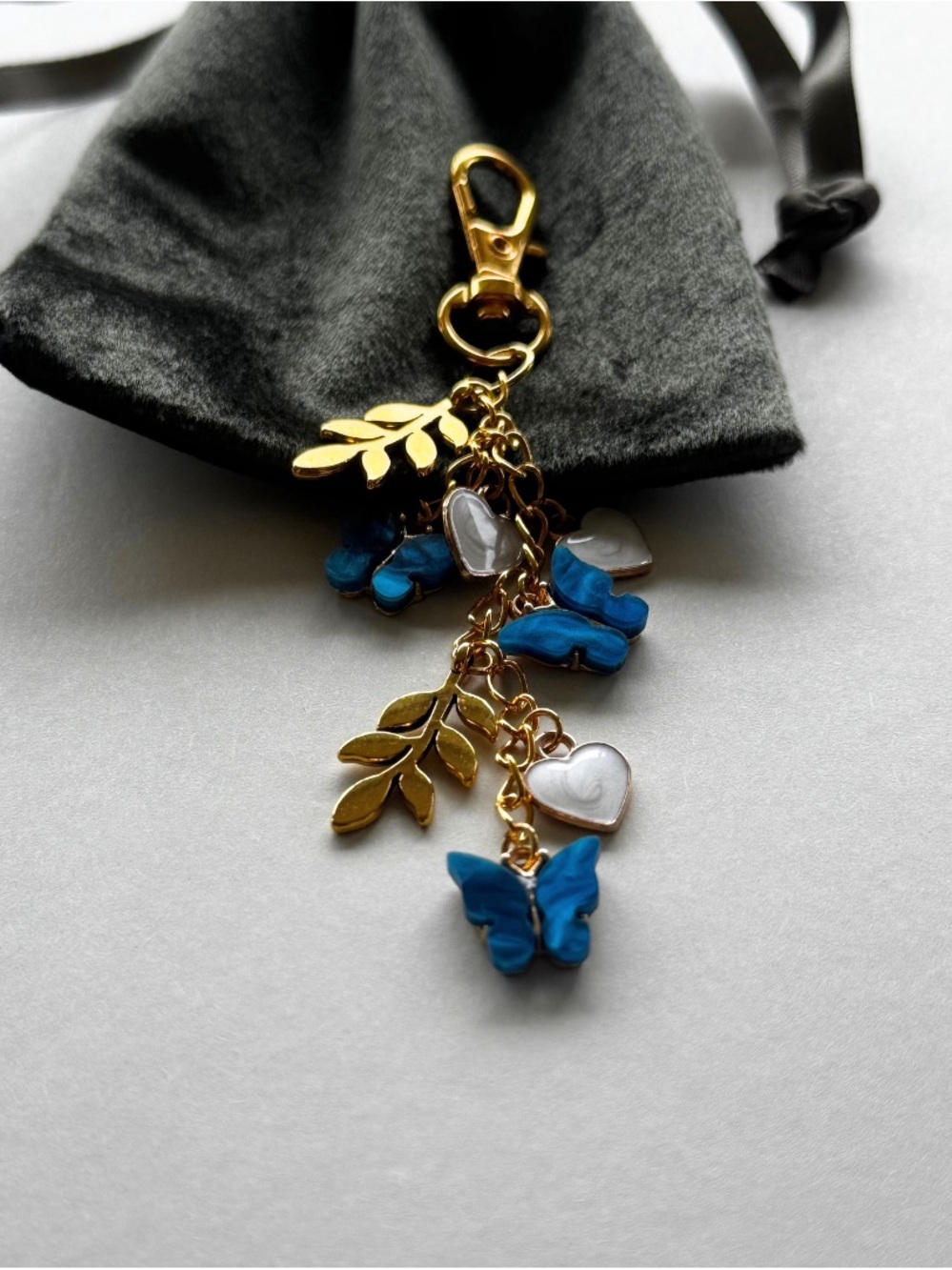 Gold Leaf & Blue Butterfly Charm Keychain